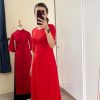 Áo dài may sẵn trơn đỏ tươi cổ tròn 3 aodaido